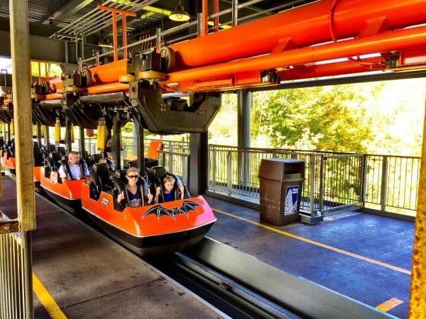 The suspended bat roller coaster in the station